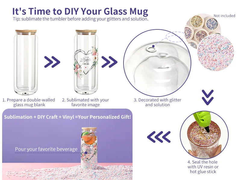 Sublimation Blanks 10oz/300ml Clear Can Glass Mug with bamboo lid