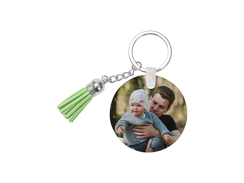 Sublimation Blanks Acrylic Keyring W/ Green Tassel (Round, φ5*0.4cm)