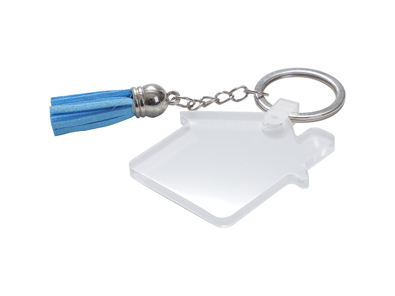 Sublimation Blanks Acrylic Keyring W/ Blue Tassel (House, 5*5*0.4cm)