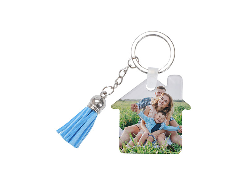 Sublimation Blanks Acrylic Keyring W/ Blue Tassel (House, 5*5*0.4cm)