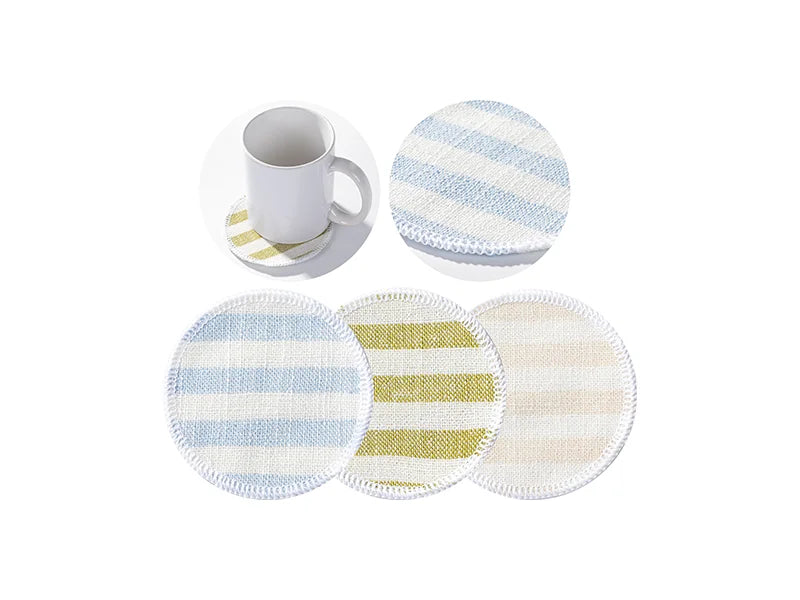 Sublimation Blanks Linen Round Mug Coaster(10*10cm, Beige and Light Blue Stripe)