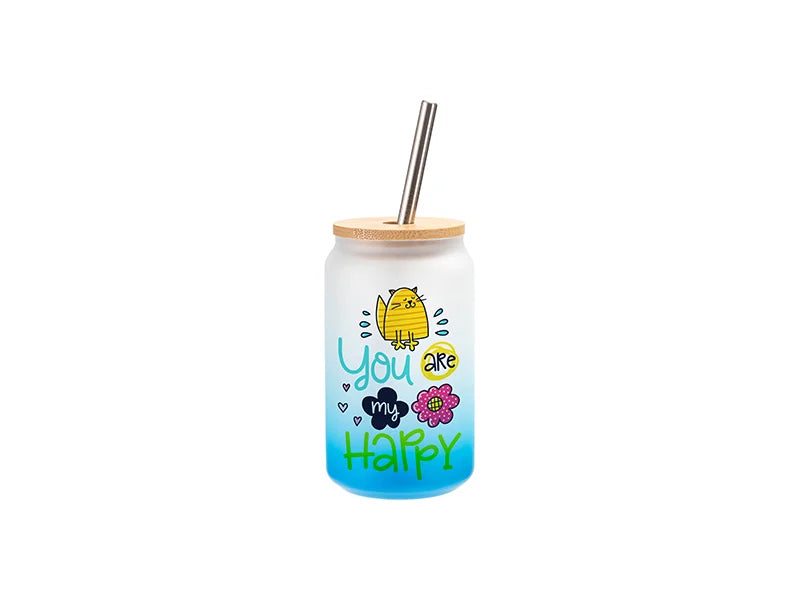 13oz/400ml Sublimation Blanks Glass Can Tumbler with Bamboo Lid Gradient Light Blue