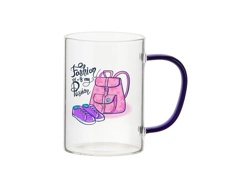 Sublimation 12oz/360ml Glass Mug w/ Dark Blue Handle(Clear)