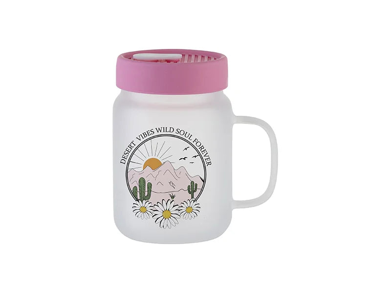 20oz/600ml Glass Mason Jar w/ Silicon Lid (Frosted,Pink)