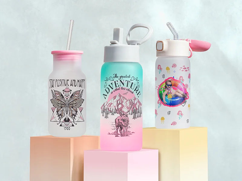 Sublimation Blanks 15oz/450ml Frosted Kids Glass Bottle with Pop-up Straw Lid