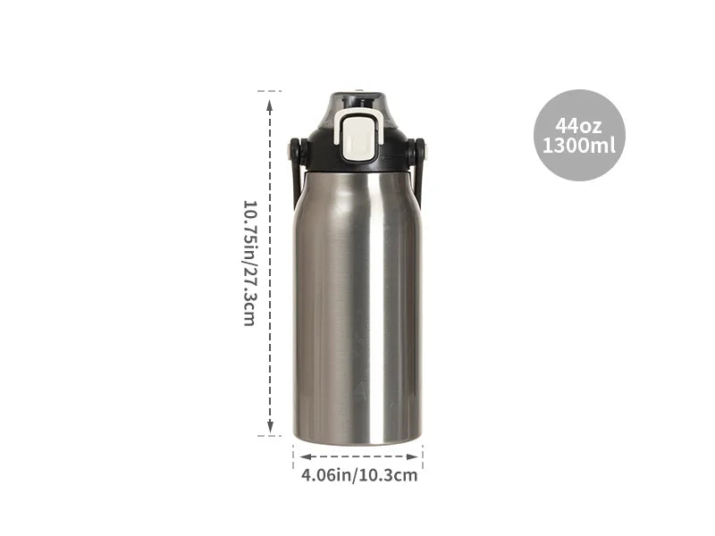 Sublimation Blanks 44oz/1300ml Stainless Steel Travel Bottle w/ Black Portable Straw Lid & Handle(Silver)