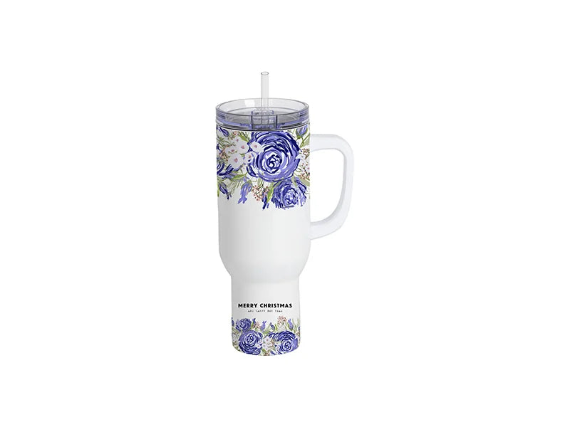 40oz/1200ml White Sublimation Stainless Steel Travel Tumbler with Lid & Straw(3D Heat Resistant White Plastic Handle)