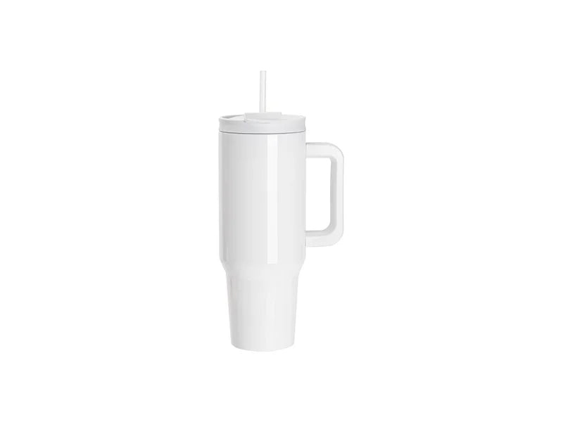 Sublimation Blanks 40oz/1200ml Stainless Steel White Travel Tumbler with Flip Lid & Straw(Gray White Handle)