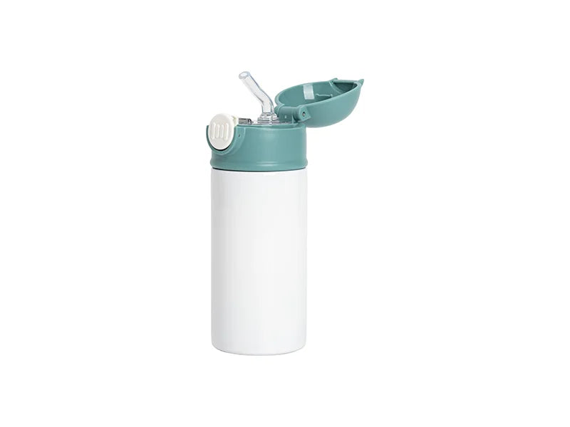 12oz/360ml White Sublimation Kids Stainless Steel Water Bottle with Plastic Straw & Green Cap