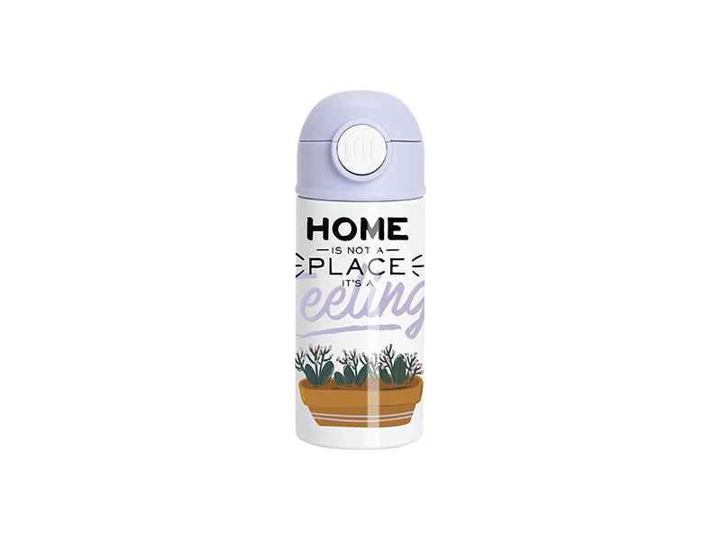 12oz/360ml White Sublimation Kids Stainless Steel Water Bottle with Plastic Straw & Purple Cap