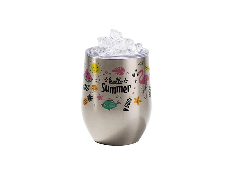 12oz SS Sublimation Blanks Silver Stemless Wine Cup with Clear Fake Crushed Ice Topper Lid