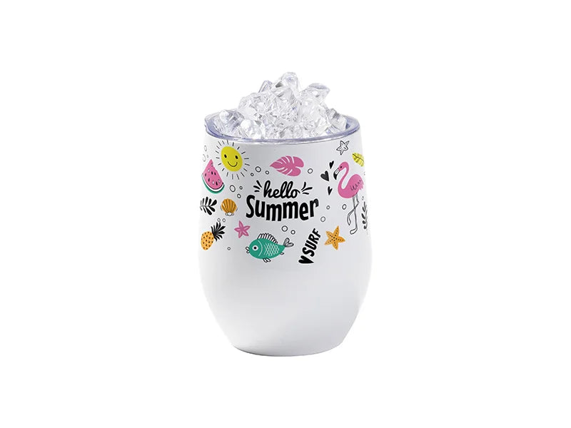 12oz SS Sublimation Blanks White Stemless Wine Cup with Clear Fake Crushed Ice Topper Lid