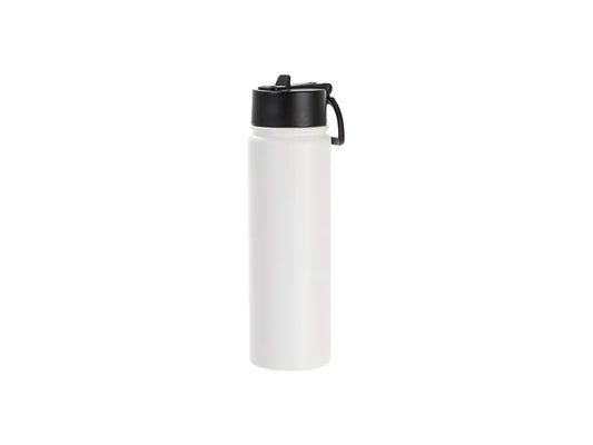 Sublimation Blanks 22oz/650ml Powder Coated SS Flask w/ Wide Mouth Straw Lid & Rotating Handle (White, Matt Sub Coating)