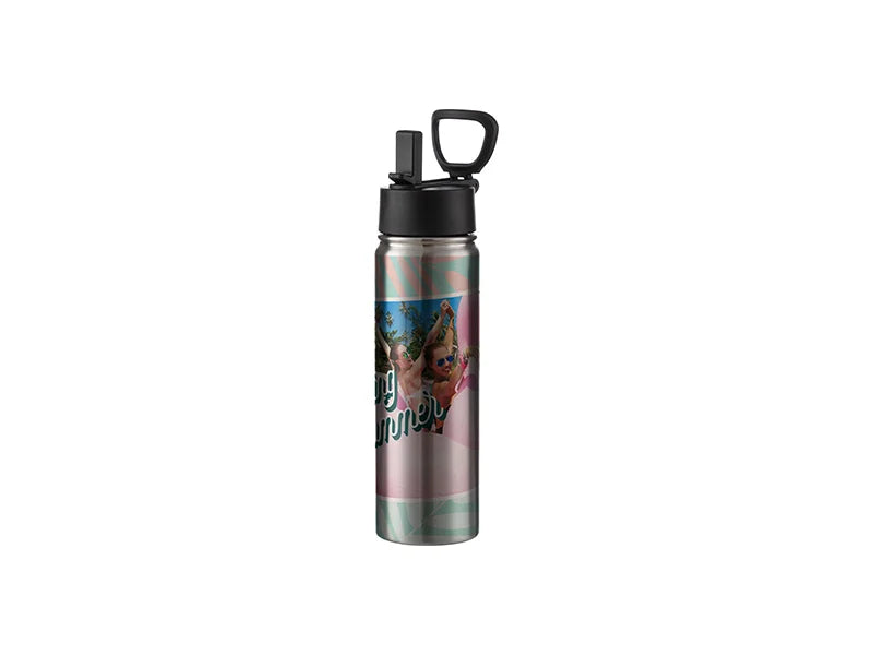 22oz/650ml Sublimation Blanks Stainless Steel Flask with Wide Mouth Straw Lid & Rotating Handle (Silver)