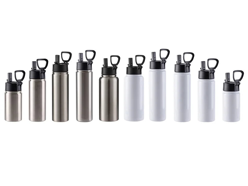 18oz/550ml Sublimation Blank Stainless Steel Water Bottles with Wide Mouth Straw Lid & Rotating Handle (White)