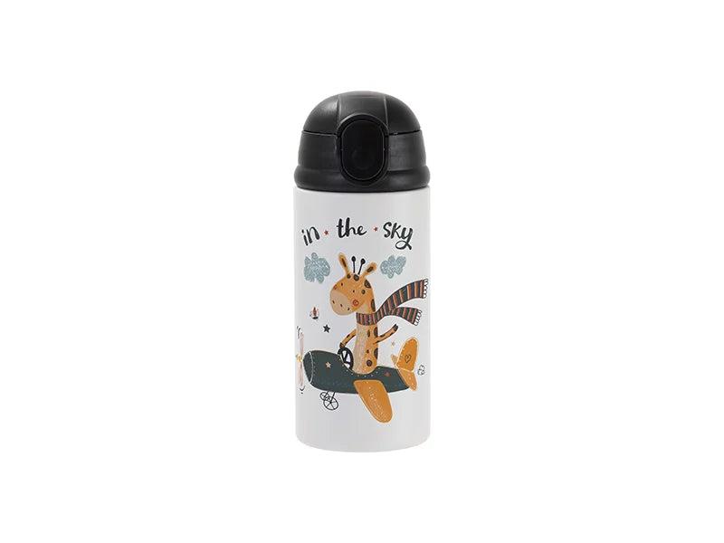 Sublimation Blanks 12oz/360ml Powder Coated Kids SS Bottle with Silicon Straw & Black Lid (White, Matt Sub Coating)