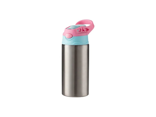 12oz/360ml Kids Stainless Steel Bottle With Silicon Straw &Pink Cap(Silver)