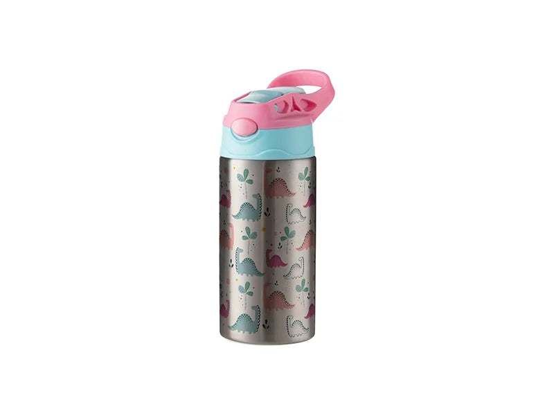 12oz/360ml Kids Stainless Steel Bottle With Silicon Straw &Pink Cap(Silver)