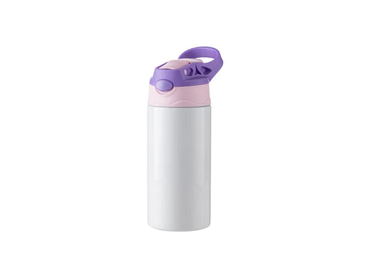 12oz/360ml Sublimation Blanks Kids Stainless Steel Bottle With Silicon Straw & Purple Cap(White)
