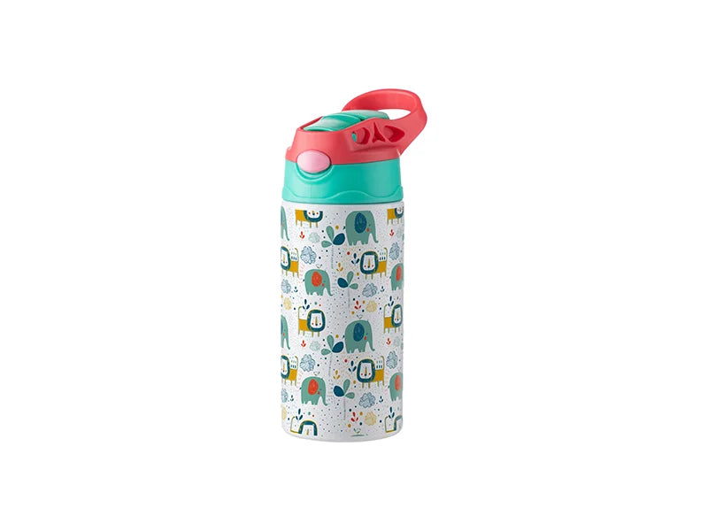 12oz/360ml Sublimation Blanks Kids Stainless Steel Bottle With Silicon Straw & Red Cap(White)