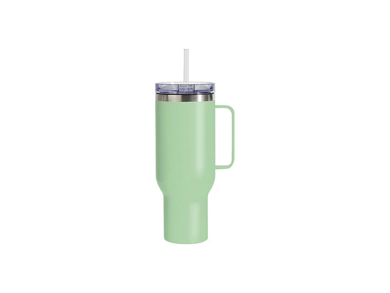Sublimation 40oz/1200ml Stainless Steel Matte vwith Silver Trim &Clear Slide Lid & Plastic Straw(Matte Metal Handle, Light Green)