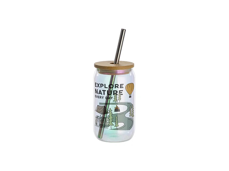 Sublimation Blanks 13oz/400ml Clear Iridescent Glass Can with Bamboo Lid