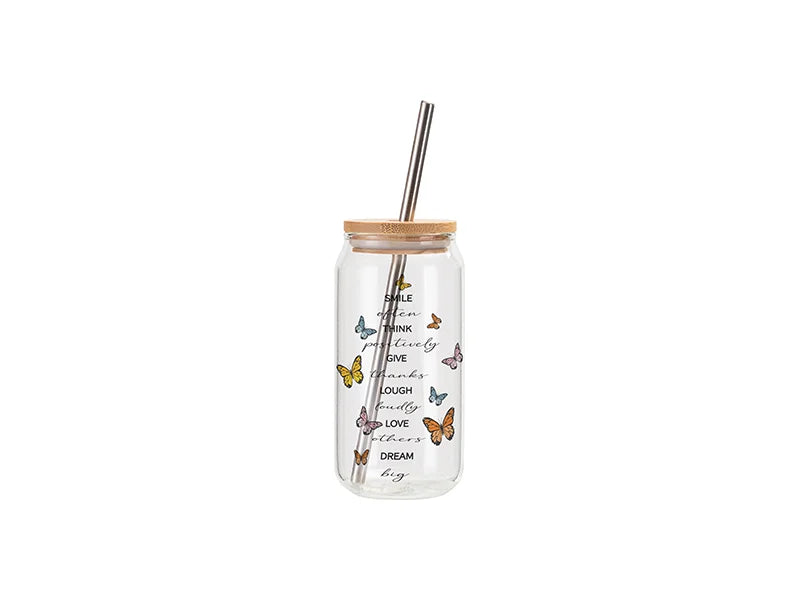 Sublimation Blanks 18oz/550ml Clear Can Glass Mug with bamboo lid & metal straw