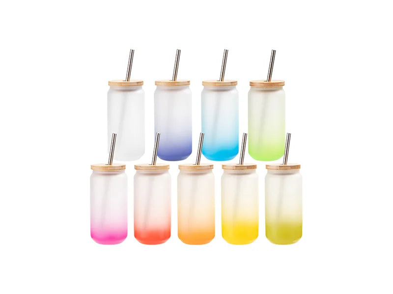 18oz/550ml Sublimation Blanks Glass Can Tumbler Gradient Light Blue with Bamboo Lid