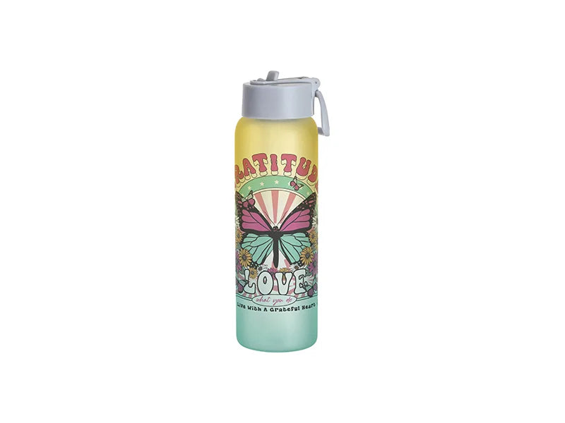 Sublimation 32oz/950ml Frosted Glass Sports Bottle w/ Grey Straw Lid (Gradient Color Yellow & Green)