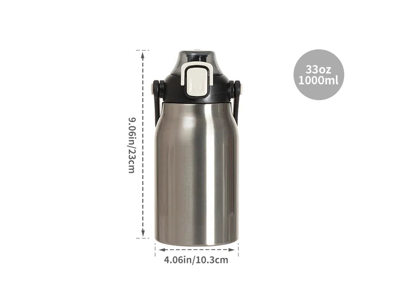 Sublimation Blanks 32oz/1000ml Stainless Steel Travel Bottle w/ Black Portable Straw Lid & Handle(Silver)