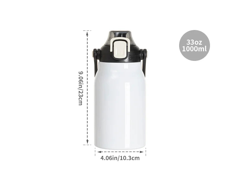 Sublimation Blanks 32oz/1000ml Stainless Steel Travel Bottle w/ Black Portable Straw Lid & Handle(White)