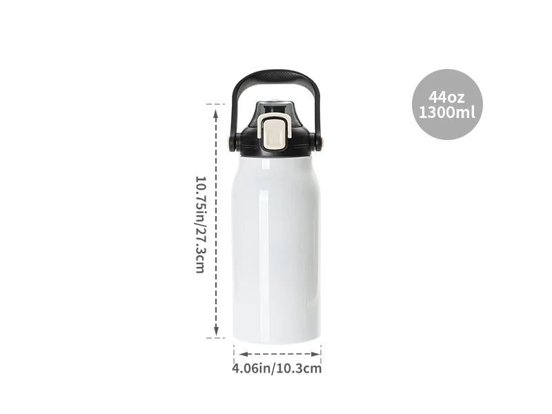 Sublimation Blanks 44oz/1300ml Stainless Steel Travel Bottle w/ Black Portable Straw Lid & Handle(White)