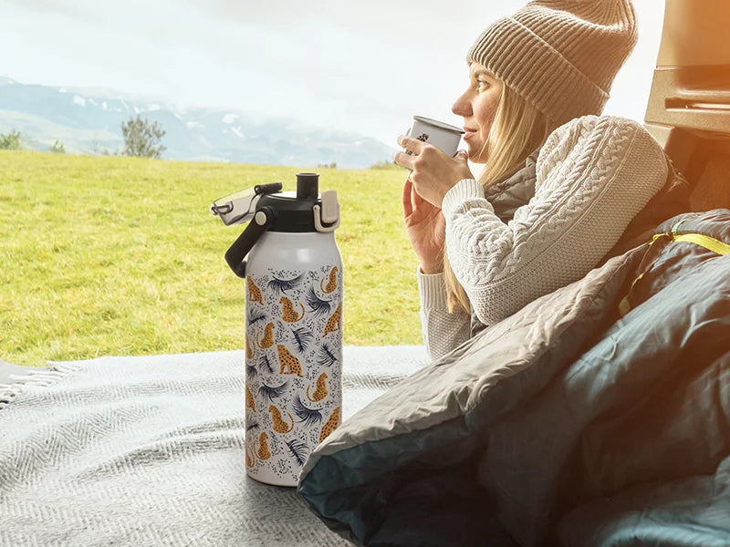 Sublimation Blanks 32oz/1000ml Stainless Steel Travel Bottle w/ Black Portable Straw Lid & Handle(White)