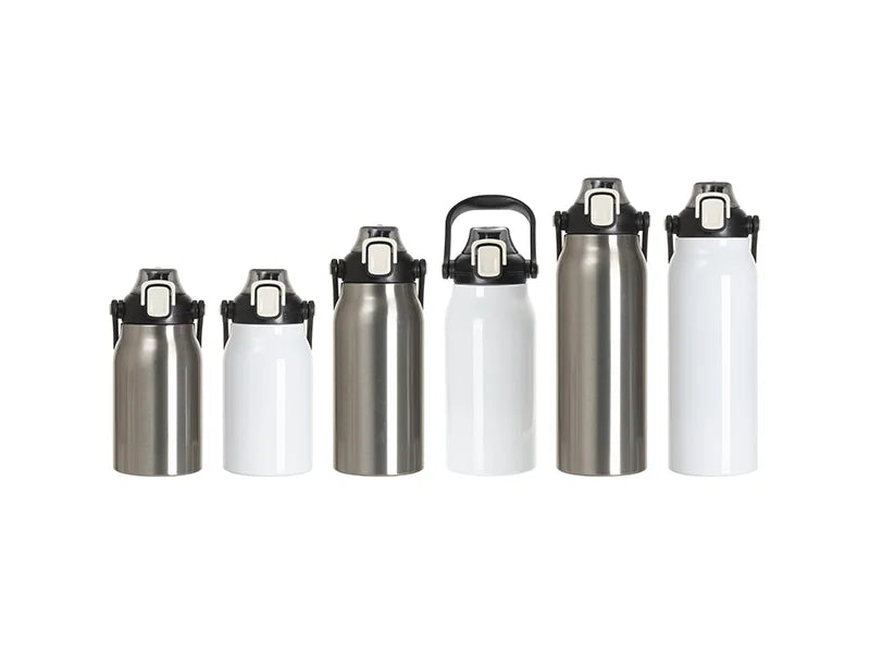 Sublimation Blanks 44oz/1300ml Stainless Steel Travel Bottle w/ Black Portable Straw Lid & Handle(Silver)