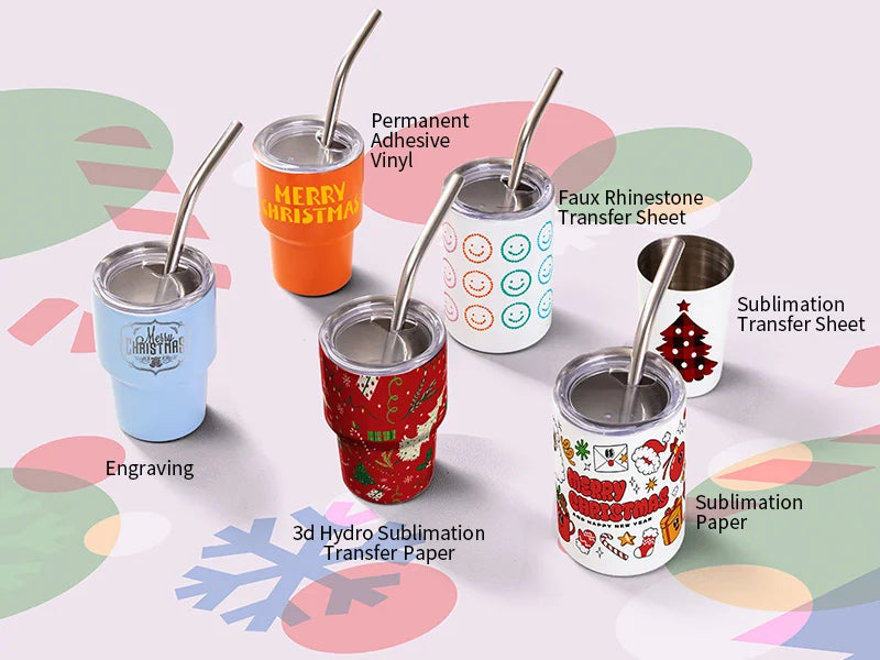 Sublimation Blank 3oz/90ml Mini Sub Stainless Steel Tumbler Shot Glass w/ Straw