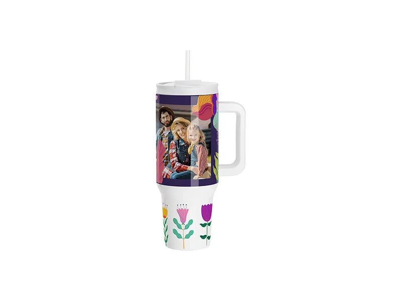 Sublimation Blanks 40oz/1200ml Stainless Steel White Travel Tumbler with Flip Lid & Straw(Gray White Handle)
