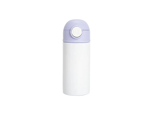 12oz/360ml White Sublimation Kids Stainless Steel Water Bottle with Plastic Straw & Purple Cap