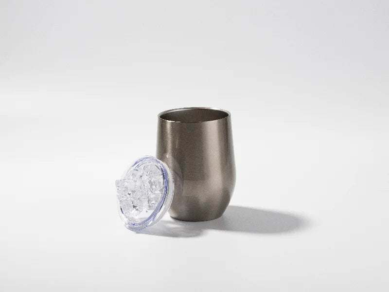 12oz SS Sublimation Blanks Silver Stemless Wine Cup with Clear Fake Crushed Ice Topper Lid