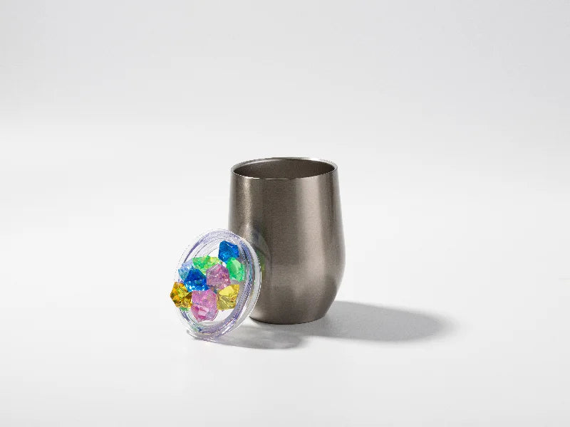 12oz SS Sublimation Blanks Silver Stemless Wine Cup with Color Fake Crushed Ice Topper Lid