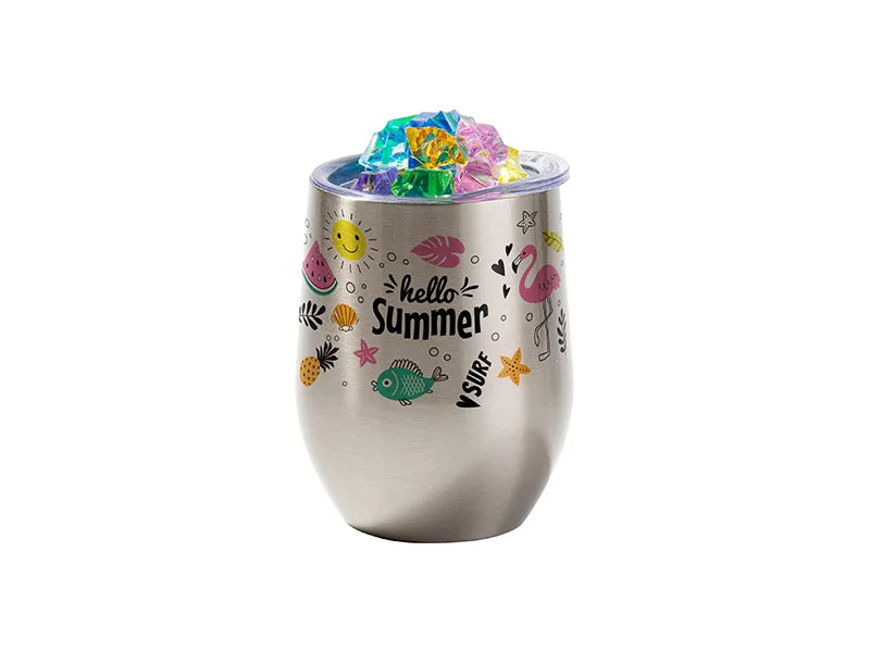 12oz SS Sublimation Blanks Silver Stemless Wine Cup with Color Fake Crushed Ice Topper Lid