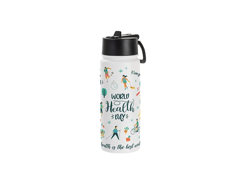 Sublimation Blanks 18oz/550ml Powder Coated SS Flask w/ Wide Mouth Straw Lid & Rotating Handle (White, Matt Sub Coating)
