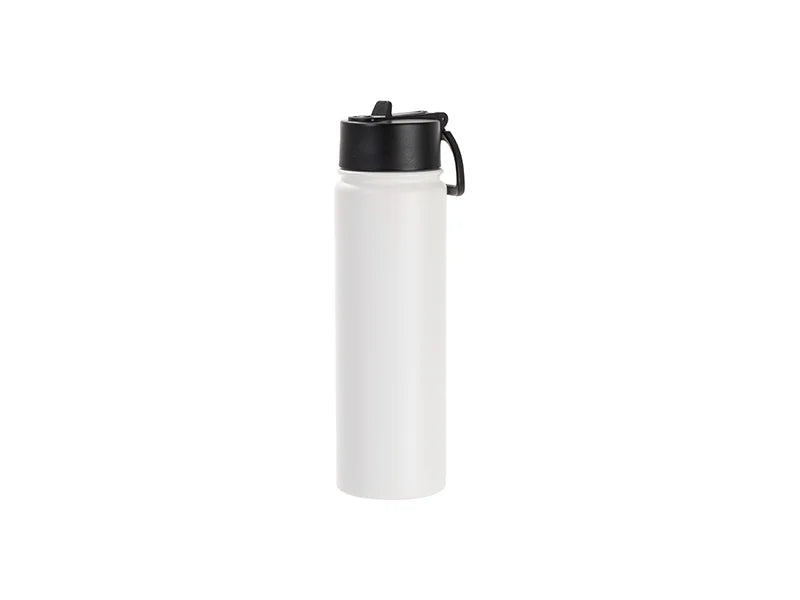 Sublimation Blanks 22oz/650ml Powder Coated SS Flask w/ Wide Mouth Straw Lid & Rotating Handle (White, Matt Sub Coating)