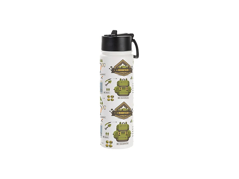 Sublimation Blanks 22oz/650ml Powder Coated SS Flask w/ Wide Mouth Straw Lid & Rotating Handle (White, Matt Sub Coating)