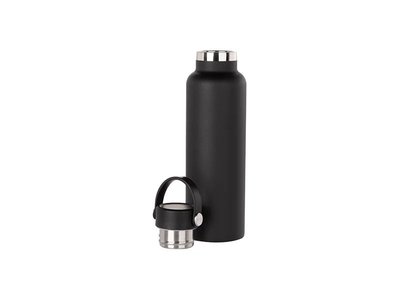 600ml/20oz Powder Coated Portable Lid Stainless Steel Bottle (Black)