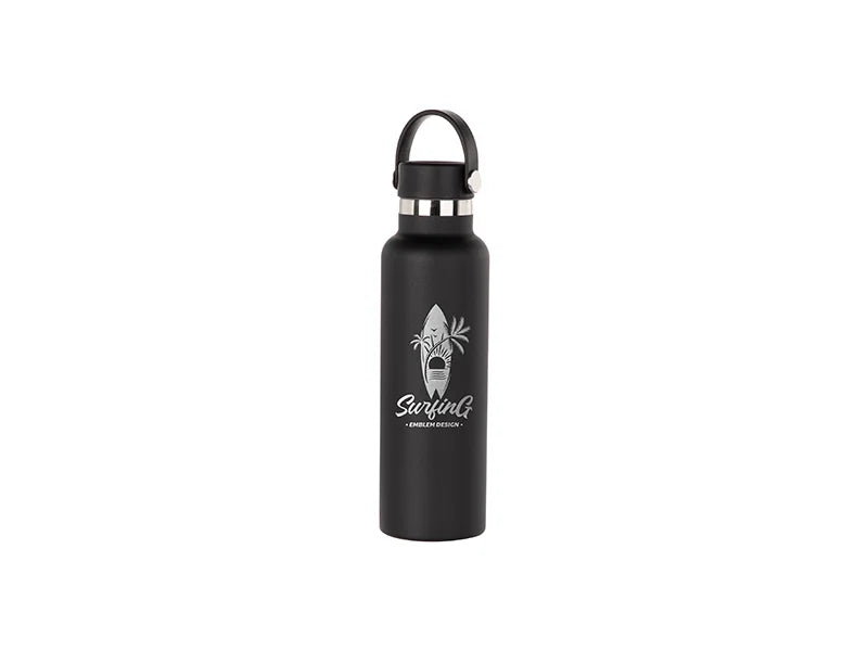 600ml/20oz Powder Coated Portable Lid Stainless Steel Bottle (Black)