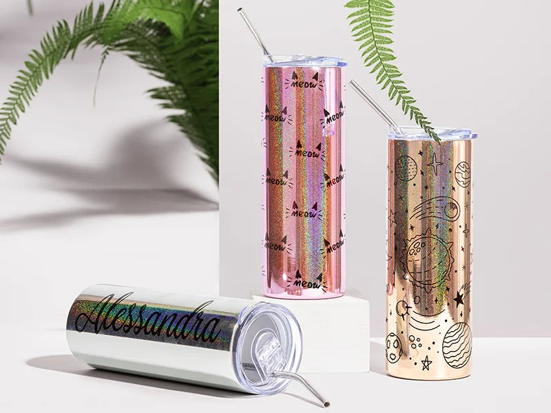 20oz/600ml Sublimation Blanks Stainless Steel Metallic Plated Glitter Skinny Tumbler (Silver)