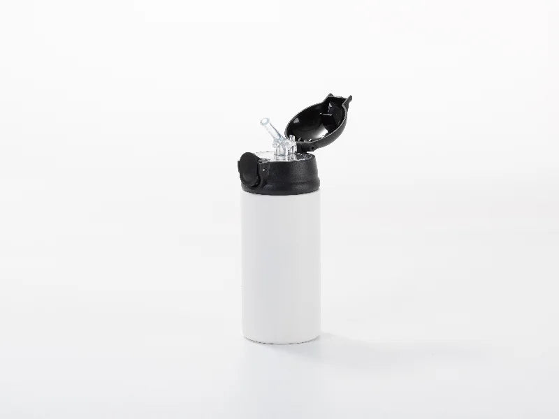 Sublimation Blanks 12oz/360ml Powder Coated Kids SS Bottle with Silicon Straw & Black Lid (White, Matt Sub Coating)