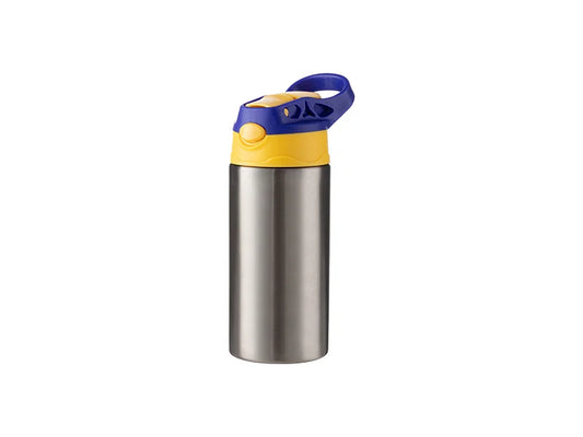 12oz/360ml Sublimation Blanks Kids Stainless Steel Bottle With Silicon Straw & Blue Cap(Silver)