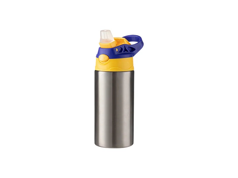 12oz/360ml Sublimation Blanks Kids Stainless Steel Bottle With Silicon Straw & Blue Cap(Silver)