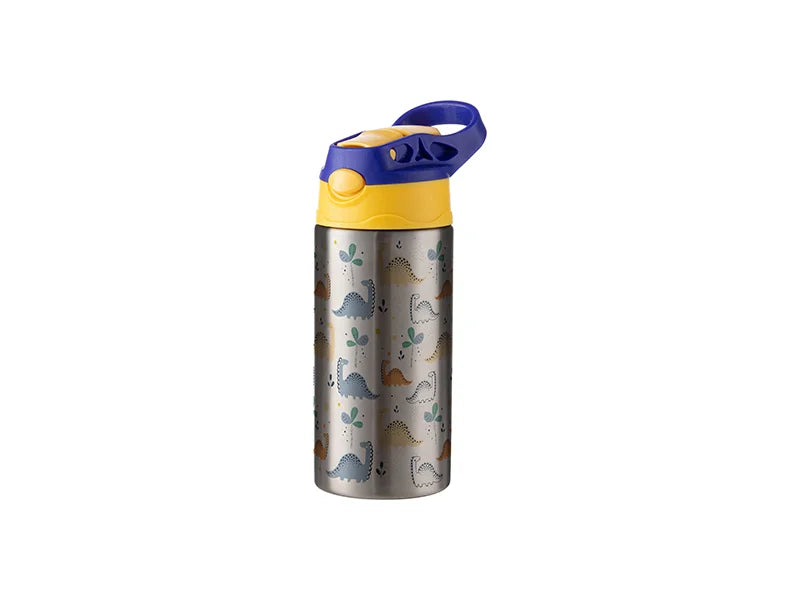 12oz/360ml Sublimation Blanks Kids Stainless Steel Bottle With Silicon Straw & Blue Cap(Silver)